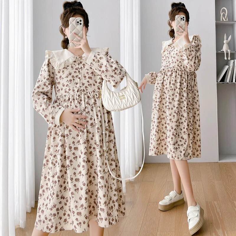 Rudens žiema nėščioms moterims Velvetinės suknelės Saldžios nėriniuotos Peter Pan apykaklė ilgomis rankovėmis aukštu juosmeniu Motinystės gėlėta suknelė