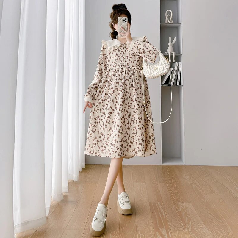 Rudens žiema nėščioms moterims Velvetinės suknelės Saldžios nėriniuotos Peter Pan apykaklė ilgomis rankovėmis aukštu juosmeniu Motinystės gėlėta suknelė