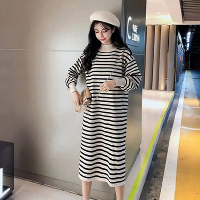 Autumn and Winter Half TurtleNeck Pregnant Women`s Knitted Dress Korean Style Long Sleeve Loose Split Stripe Pullovers Sweater
