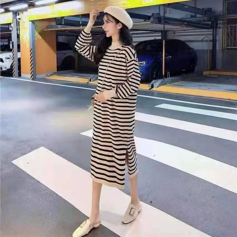 Rudens ir žiemos pusiau vėžlys kaklo nėščioms moterims megzta korėjietiško stiliaus suknelė ilgomis rankovėmis, palaidi, suskirstyta juostele, megztinis