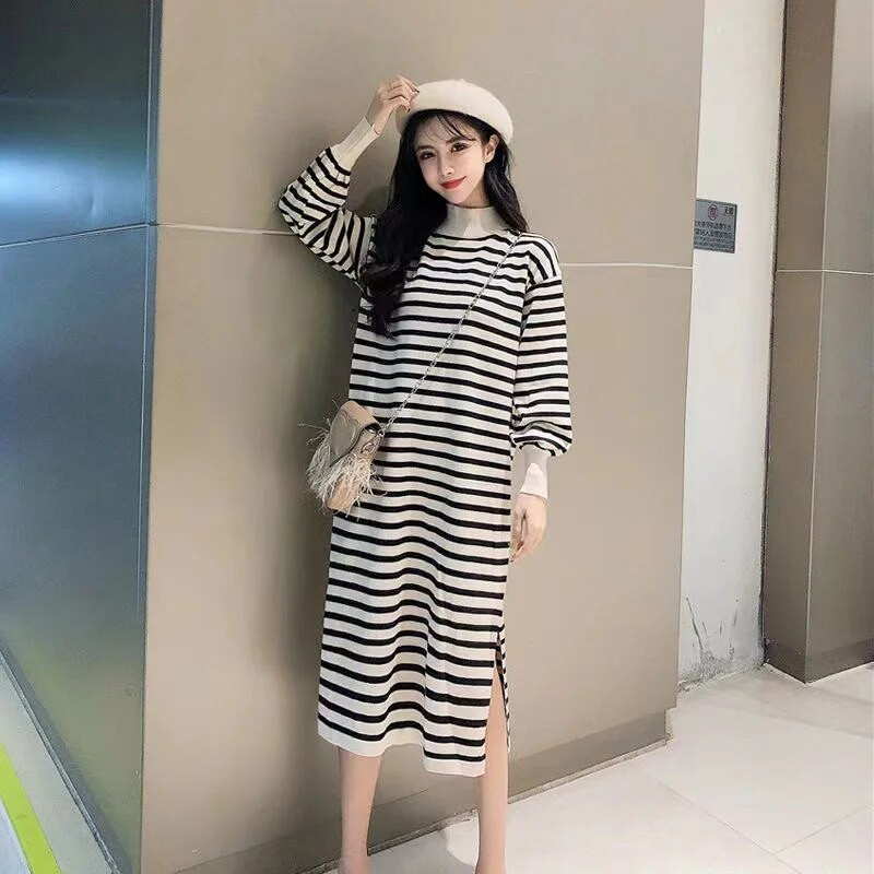 Rudens ir žiemos pusiau vėžlys kaklo nėščioms moterims megzta korėjietiško stiliaus suknelė ilgomis rankovėmis, palaidi, suskirstyta juostele, megztinis