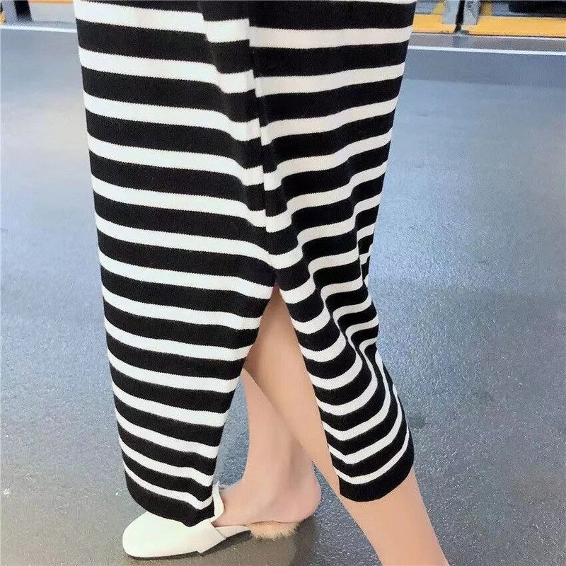 Rudens ir žiemos pusiau vėžlys kaklo nėščioms moterims megzta korėjietiško stiliaus suknelė ilgomis rankovėmis, palaidi, suskirstyta juostele, megztinis