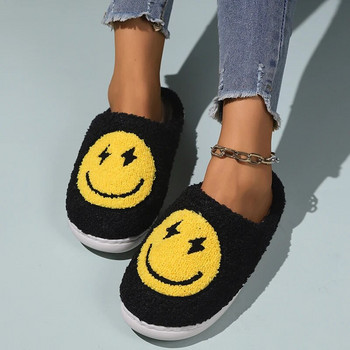 Анимационни жълти чехли с усмивка Дамски зимни чехли с мека подметка 2023 г. Дамски чехли с плоски токчета Плюшени домашни памучни обувки за спалня