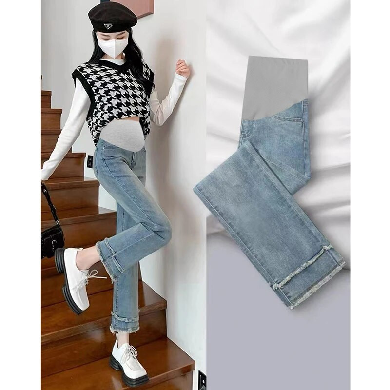 2023 m. vasaros džinsai nėščioms moterims Plonos aukšto juosmens laisvalaikio džinsinės kelnės Elegantiškos biuro moteriškos kelnės su pieštuku tiesūs džinsai nėščioms moterims