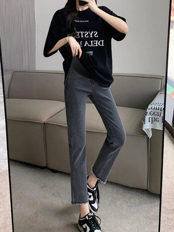 Nėščios džinsinės kelnės iki kulkšnių, patemptos aukštu juosmeniu iki kulkšnies plonos nėščios moters pilvo džinsai pieštukinės kelnės