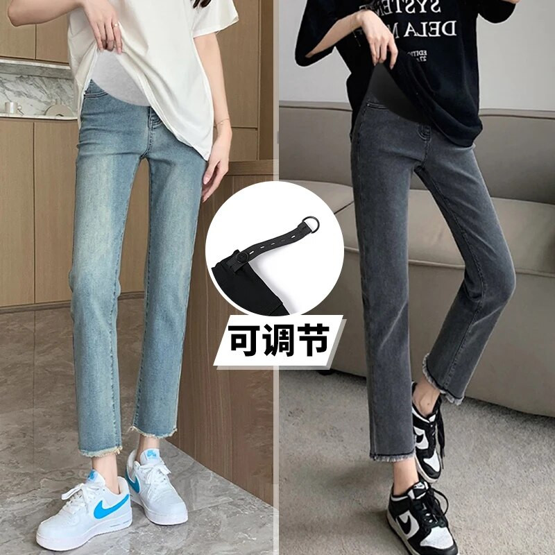 Nėščios džinsinės kelnės iki kulkšnių, patemptos aukštu juosmeniu iki kulkšnies plonos nėščios moters pilvo džinsai pieštukinės kelnės