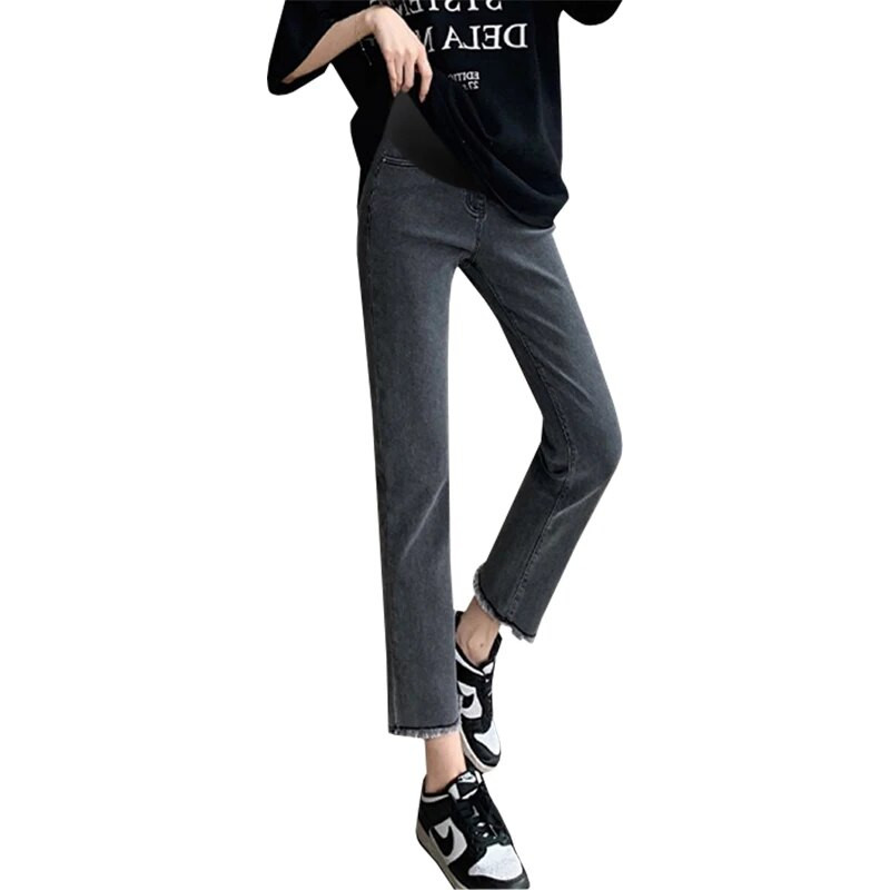 Nėščios džinsinės kelnės iki kulkšnių, patemptos aukštu juosmeniu iki kulkšnies plonos nėščios moters pilvo džinsai pieštukinės kelnės