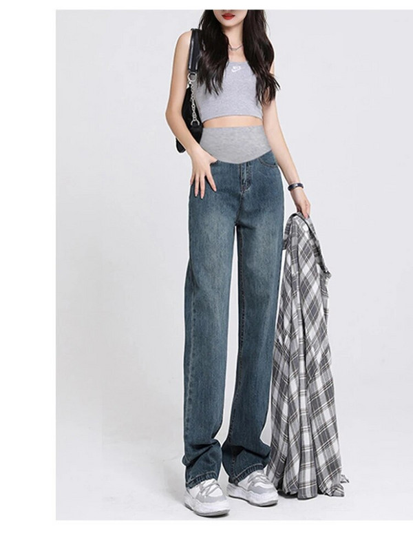 nėščiųjų džinsų fotosesija pavasario rudens korėjietiška versija aukštu juosmeniu lieknina retro šluostymu tiesios kelnės nėščių moterų drabužiai