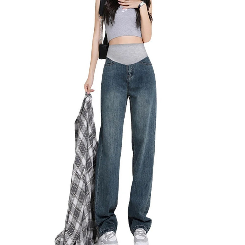 nėščiųjų džinsų fotosesija pavasario rudens korėjietiška versija aukštu juosmeniu lieknina retro šluostymu tiesios kelnės nėščių moterų drabužiai