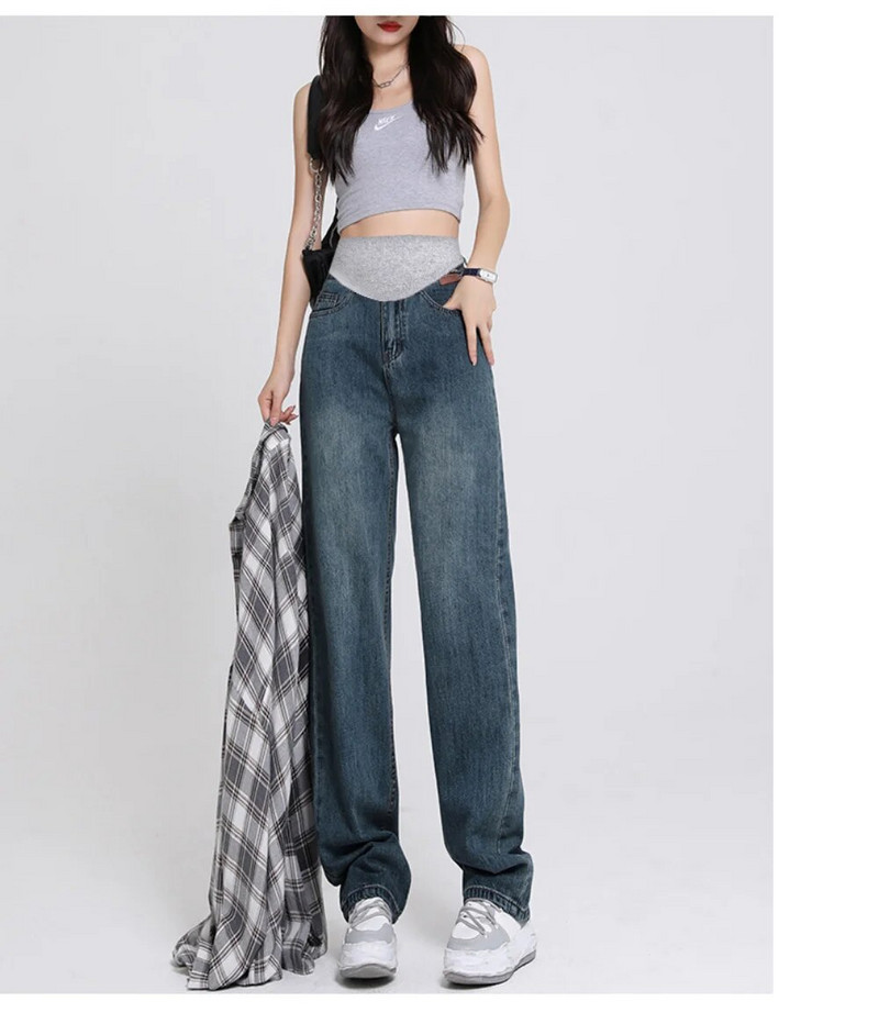 nėščiųjų džinsų fotosesija pavasario rudens korėjietiška versija aukštu juosmeniu lieknina retro šluostymu tiesios kelnės nėščių moterų drabužiai