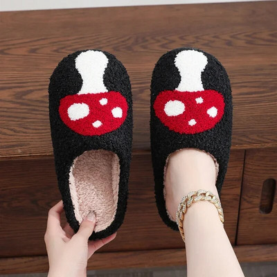 Papuci de casă pufosi, călduroși, de iarnă, căpșuni, cireșe, confortabili, drăguți de pluș, cu platformă anti-alunecare îngroșată cu ciuperci, pentru femei, bărbați