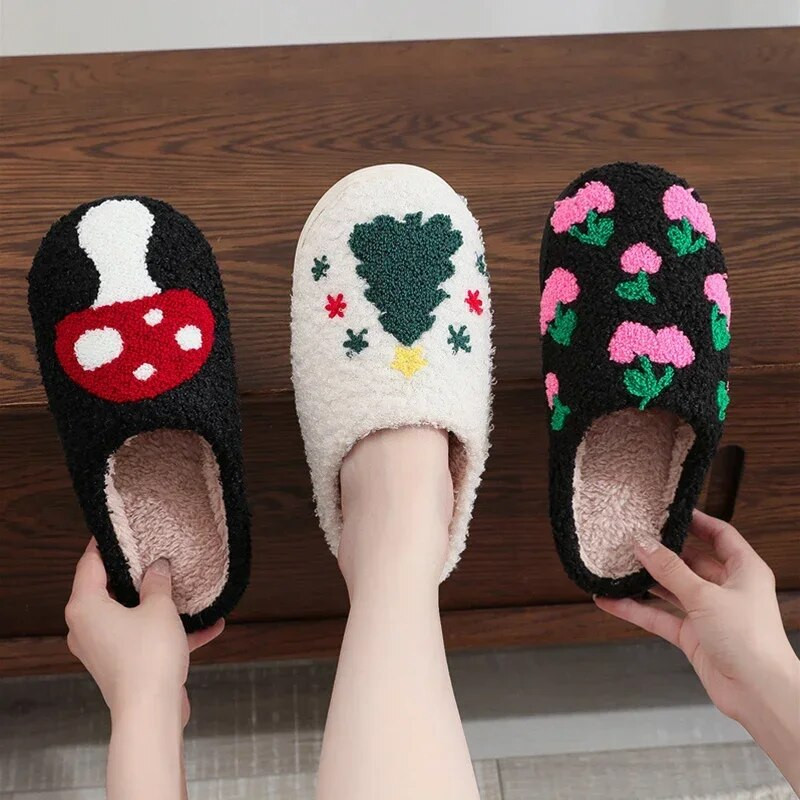 Papuci de casă pufosi, călduroși, de iarnă, căpșuni, cireșe, confortabili, drăguți de pluș, cu platformă anti-alunecare îngroșată cu ciuperci, pentru femei, bărbați