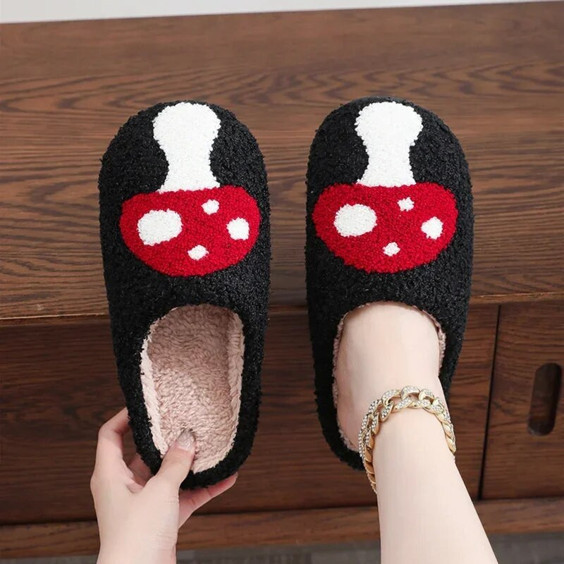 Papuci de casă pufosi, călduroși, de iarnă, căpșuni, cireșe, confortabili, drăguți de pluș, cu platformă anti-alunecare îngroșată cu ciuperci, pentru femei, bărbați