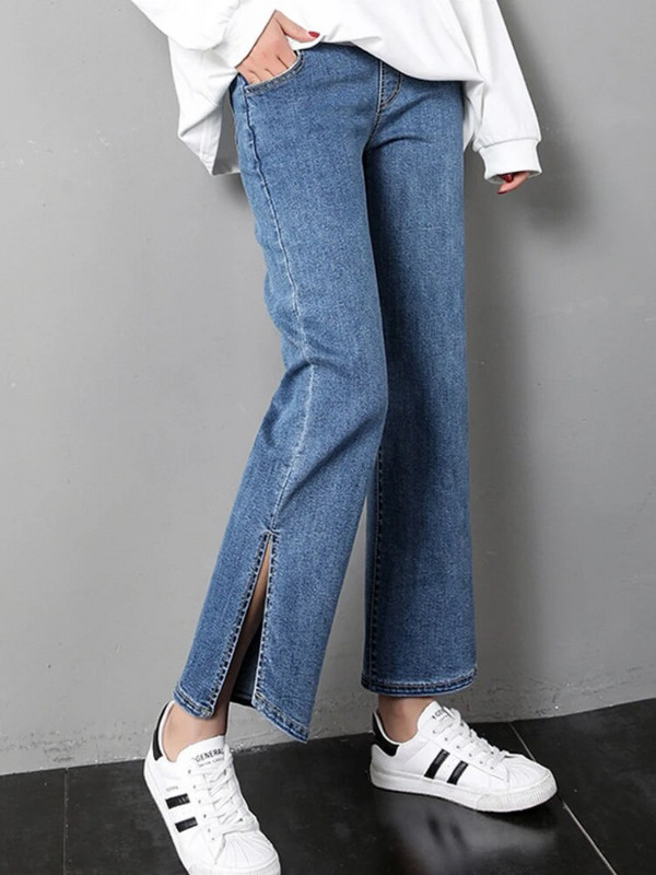 Πλαϊνό Split τζιν εγκυμοσύνης ίσιο μακρύ τζιν Φαρδύ φαρδύ παντελόνι για έγκυες Chic Ins Φωτογράφηση εγκυμοσύνης Ρούχα