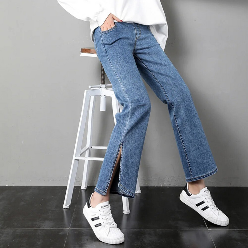 Πλαϊνό Split τζιν εγκυμοσύνης ίσιο μακρύ τζιν Φαρδύ φαρδύ παντελόνι για έγκυες Chic Ins Φωτογράφηση εγκυμοσύνης Ρούχα