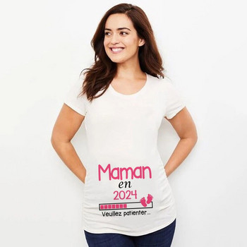 Maman 2024 Loading Franch Λευκά ρούχα εγκυμοσύνης με εμπριμέ μπλουζάκια, κοντομάνικο μπλουζάκι εγκύου Μπλουζάκια για γυναίκες