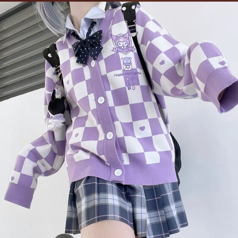 Sanrio Y2k Cinnamoroll Kawaii Cardigan Moteriškas Kuromi Melody Korėjietiškas mados megztinis Moteriškas Preppy Style Ilgi Megzti Viršutiniai drabužiai 2023 m.