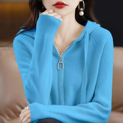 Pulover cu glugă jachetă femei toamnă iarnă cu mâneci lungi cu fermoar dublu cardigan moale cerat pulover cu design de pălărie Feeling Top pentru