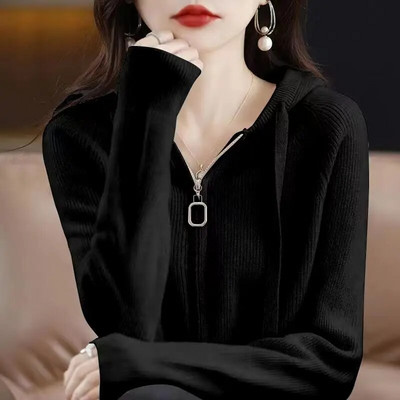 Pulover cu glugă jachetă femei toamnă iarnă cu mâneci lungi cu fermoar dublu cardigan moale cerat pulover cu design de pălărie Feeling Top pentru