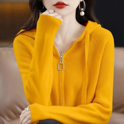 Pulover cu glugă jachetă femei toamnă iarnă cu mâneci lungi cu fermoar dublu cardigan moale cerat pulover cu design de pălărie Feeling Top pentru