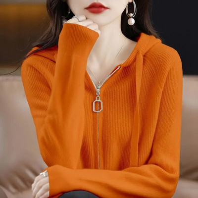 Pulover cu glugă jachetă femei toamnă iarnă cu mâneci lungi cu fermoar dublu cardigan moale cerat pulover cu design de pălărie Feeling Top pentru