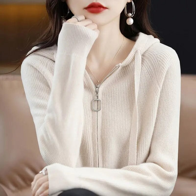 Pulover cu glugă jachetă femei toamnă iarnă cu mâneci lungi cu fermoar dublu cardigan moale cerat pulover cu design de pălărie Feeling Top pentru