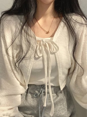 Λεπτή λευκή ζακέτα για γυναίκες καλοκαιρινά αντηλιακά με κορδόνια πλεκτά μπλούζες Lady κορεατικού στυλ Casual φαναράκι Κοντό μπλουζάκι με προστασία από τον ήλιο