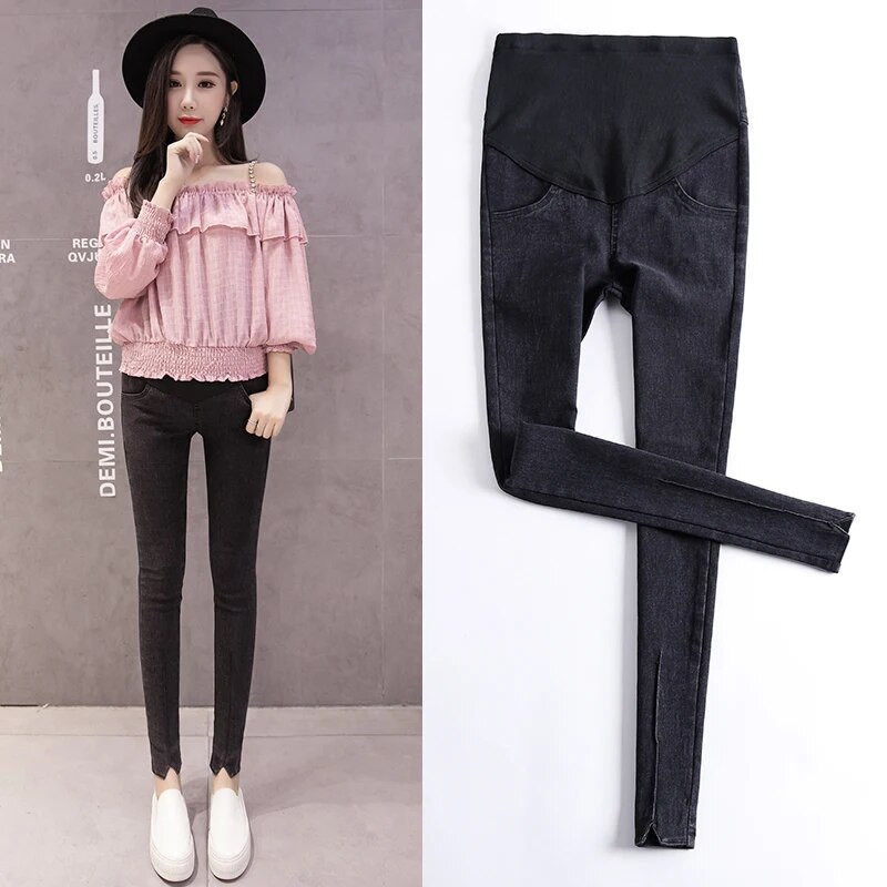 2023 m. pavasario ruduo nėščiosioms kelnės priekyje suskilusios mados džinsinės kelnės nėščioms moterims siauros nėščiosios džinsai džinsiniai antblauzdžiai