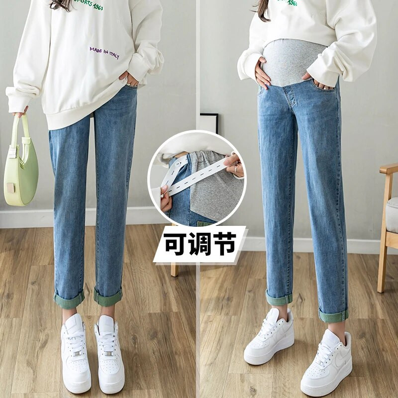 Aukštu juosmeniu nėščiosioms džinsai Pavasario mados nėščiosioms pilvo kelnės Didelio dydžio laisvalaikio nėščioms moterims džinsinės kelnės laisvi drabužiai