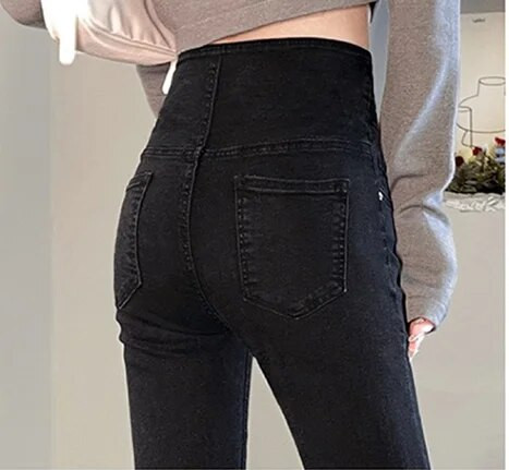Pavasarinės motinystės kelnės iki grindų ilgio priekyje suskilusios nėščios moteriškos pilvo džinsai aukštu juosmeniu Nėštumo džinsinės kelnės didmeninė prekyba
