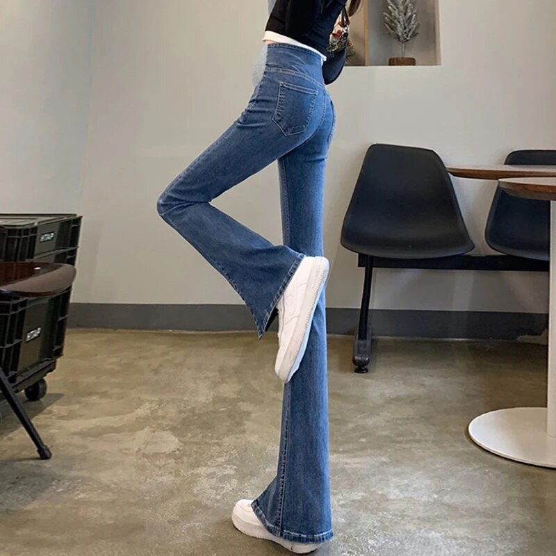 Pavasarinės motinystės kelnės iki grindų ilgio priekyje suskilusios nėščios moteriškos pilvo džinsai aukštu juosmeniu Nėštumo džinsinės kelnės didmeninė prekyba