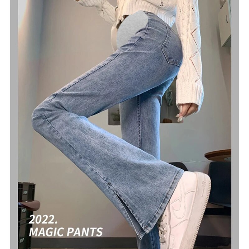Pavasarinės motinystės kelnės iki grindų ilgio priekyje suskilusios nėščios moteriškos pilvo džinsai aukštu juosmeniu Nėštumo džinsinės kelnės didmeninė prekyba