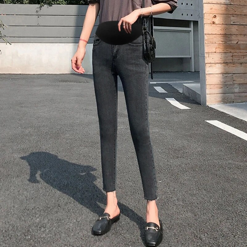 2023 m. pavasaris nėščioms moterims pieštukinės kelnės Tamprios džinsinės kelnės Liekni klubai Nėščiųjų pilvo džinsai Nėštumo drabužiai Elegantiški