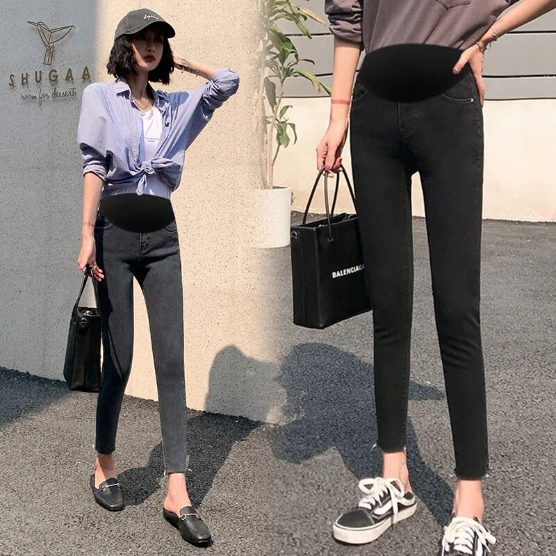 2023 m. pavasaris nėščioms moterims pieštukinės kelnės Tamprios džinsinės kelnės Liekni klubai Nėščiųjų pilvo džinsai Nėštumo drabužiai Elegantiški