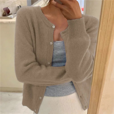 Culoare uni Tricotat pentru femei Cardigan coreean cu un singur piept Pulover cu mânecă lungă Femei Gât rotund Cardiganuri toate se potrivesc Îmbrăcăminte exterioară