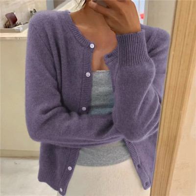Culoare uni Tricotat pentru femei Cardigan coreean cu un singur piept Pulover cu mânecă lungă Femei Gât rotund Cardiganuri toate se potrivesc Îmbrăcăminte exterioară