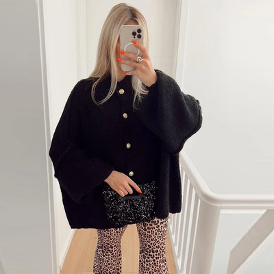 Cardigan patchwork pentru femei Pulover cu un singur piept decolteu O maneca lunga Top lejer Primavara 2024 pentru femeie tricotaje solide