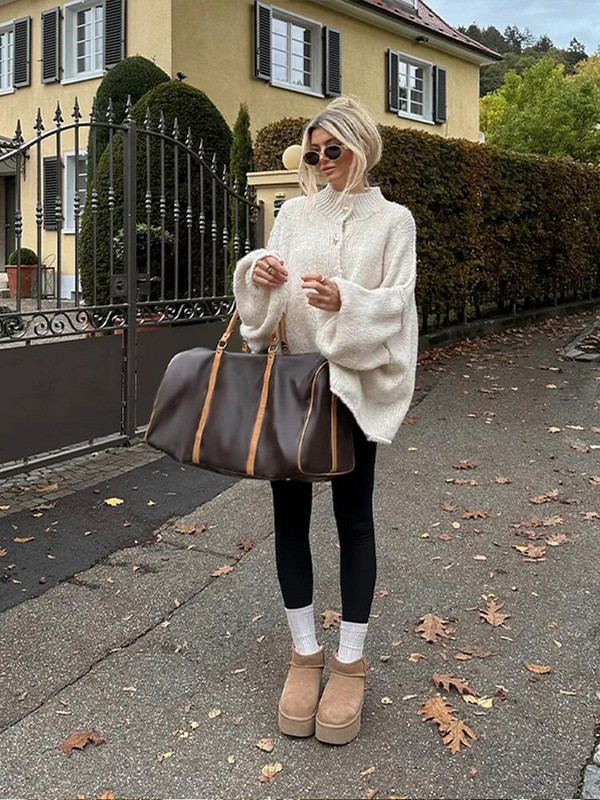 Moteriškas megztinis su viena krūtine su O formos iškirpte ilgomis rankovėmis, laisvas 2024 m. pavasario moteriškas solidus mezginys