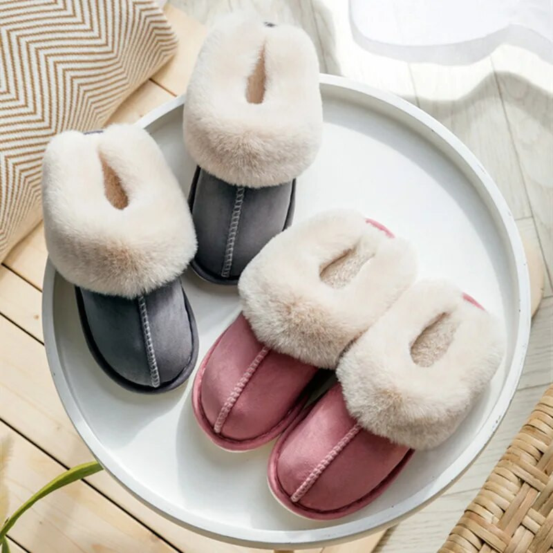 Papuci de casă călduros din blană pentru femei, iarna 2023, de lux, din piele de căprioară artificială, pantofi din bumbac pentru cupluri, pantofi pufosi pentru dormitor, cu tocuri plate