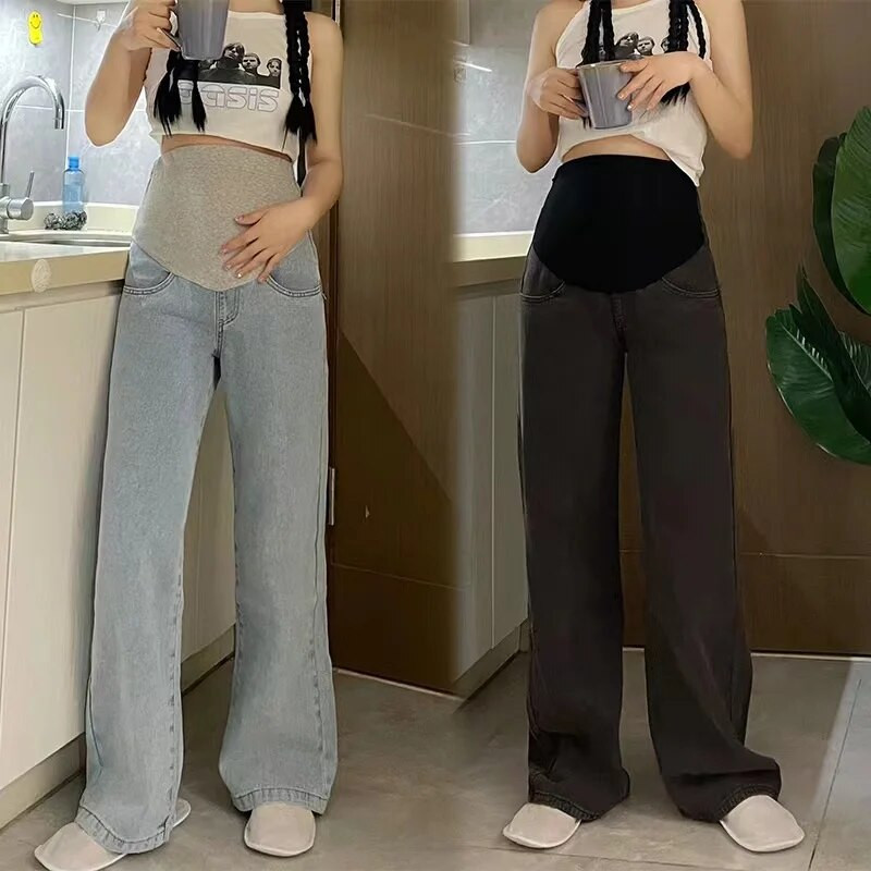 2023 m. pavasario motinystės džinsai plačios kojos aukštu juosmeniu nėščiai moteriai džinsinės kelnės plius dydžio nėštumui medvilninės pilvo kelnės aulinio kirpimo