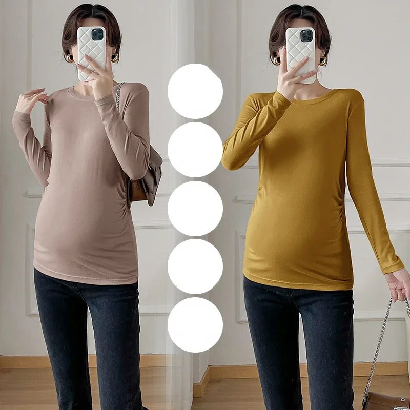 Tricou modal de toamnă pentru maternitate 2023, întins, pentru femei însărcinată, cămăși de bază, culoare uni, decolteu, subțire, pentru sarcină, tricouri de tricotat