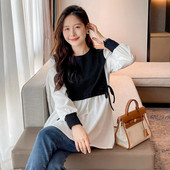 Bloc de culoare mozaic cămăși de maternitate cu mâneci lungi cu felinar, în stil preppy, bluze pentru femei însărcinate, toamnă, tricouri pentru sarcină