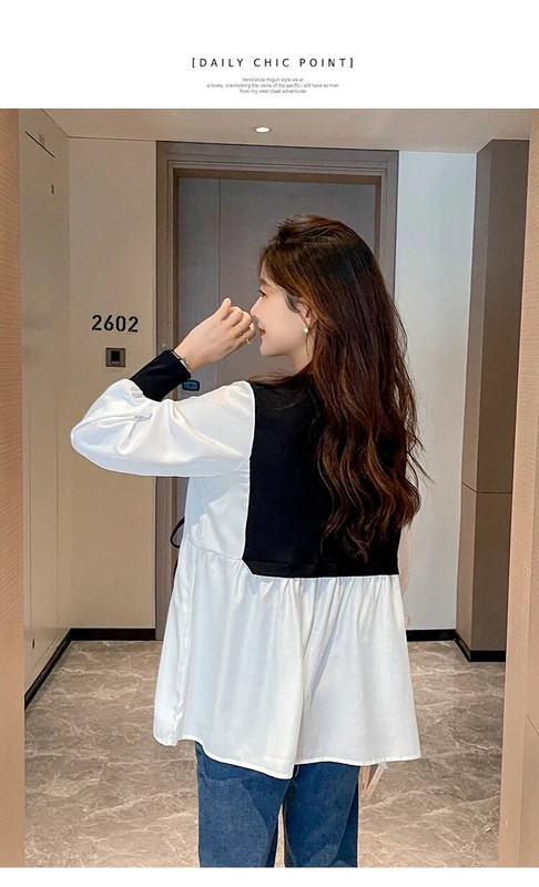 Bloc de culoare mozaic cămăși de maternitate cu mâneci lungi cu felinar, în stil preppy, bluze pentru femei însărcinate, toamnă, tricouri pentru sarcină