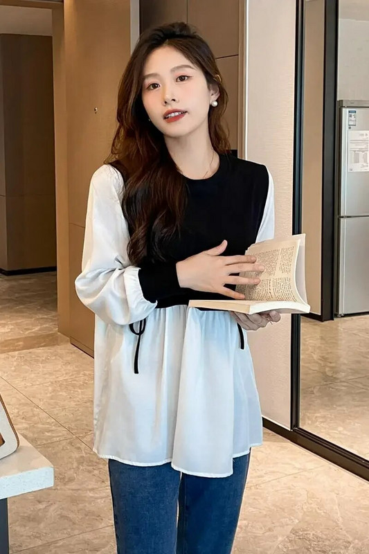 Bloc de culoare mozaic cămăși de maternitate cu mâneci lungi cu felinar, în stil preppy, bluze pentru femei însărcinate, toamnă, tricouri pentru sarcină