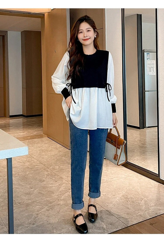 Bloc de culoare mozaic cămăși de maternitate cu mâneci lungi cu felinar, în stil preppy, bluze pentru femei însărcinate, toamnă, tricouri pentru sarcină