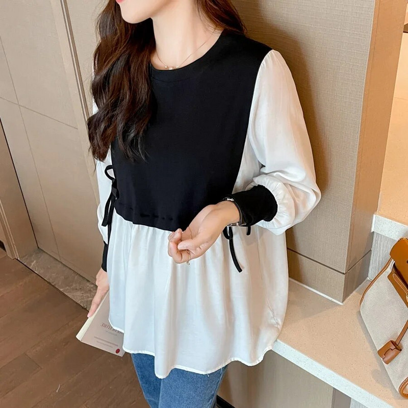 Bloc de culoare mozaic cămăși de maternitate cu mâneci lungi cu felinar, în stil preppy, bluze pentru femei însărcinate, toamnă, tricouri pentru sarcină