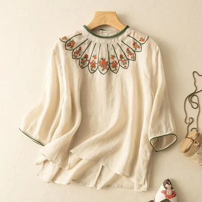 Top din bumbac in stil etnic pentru femei însărcinate, cu broderie retro, cămașă lejeră cu mâneci 3/4, vară, nou top de maternitate LF073