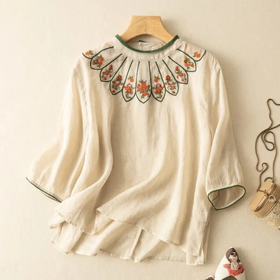 Top din bumbac in stil etnic pentru femei însărcinate, cu broderie retro, cămașă lejeră cu mâneci 3/4, vară, nou top de maternitate LF073