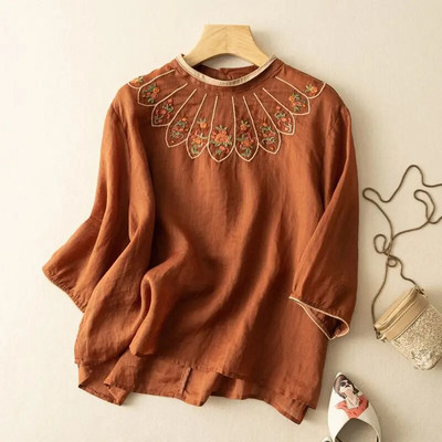 Top din bumbac in stil etnic pentru femei însărcinate, cu broderie retro, cămașă lejeră cu mâneci 3/4, vară, nou top de maternitate LF073