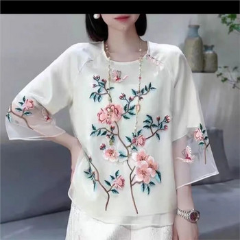 Γυναικείο πουκάμισο για έγκυες, λευκό κινέζικο με στρογγυλή λαιμόκοψη, φθινόπωρο 2023 Νέο casual κινέζικο κορυφαίο μοντέρνο μπλουζάκι εγκυμοσύνης LF072